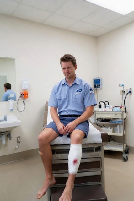 A USPS letter carrier sits on an exam table with a bandaged leg during a medical evaluation.