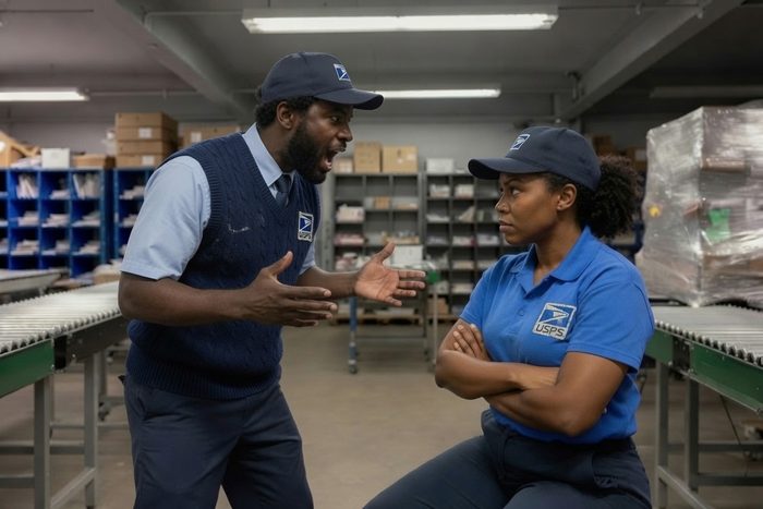 A postal manager speaking angrily to a postal worker while she stands with arms crossed in a sorting facility.